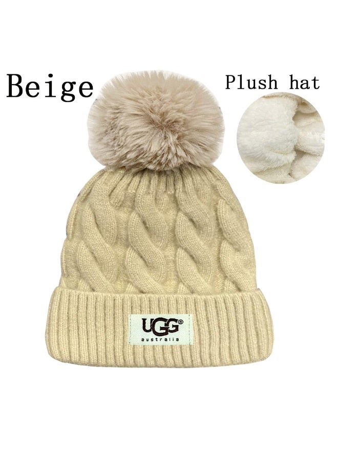 UGG Cozy Beige Plush Knit Beanie with Fluffy Pom-Pom – Winter Warmth Essential 596Size