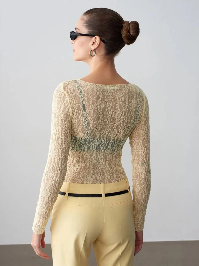 Dilvin DILVIN Slim Fit Lace Boat Neck Blouse