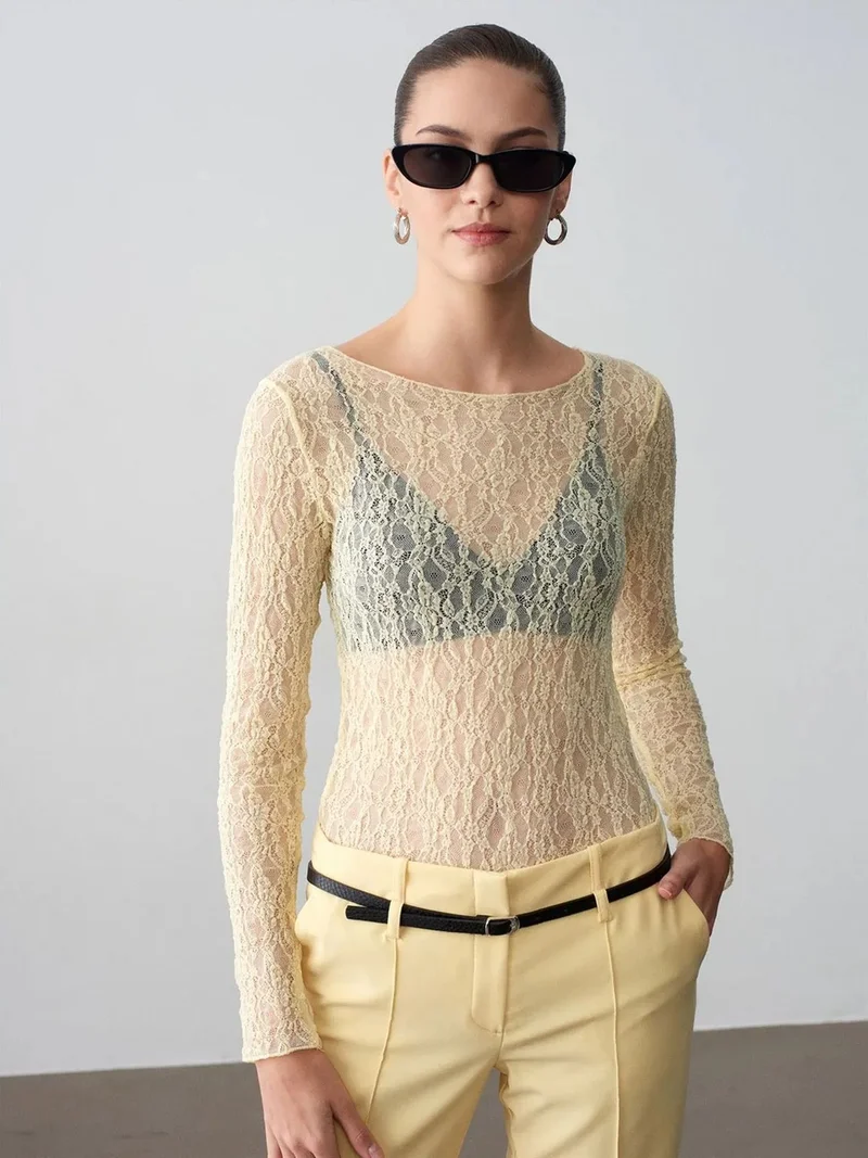 Dilvin DILVIN Slim Fit Lace Boat Neck Blouse