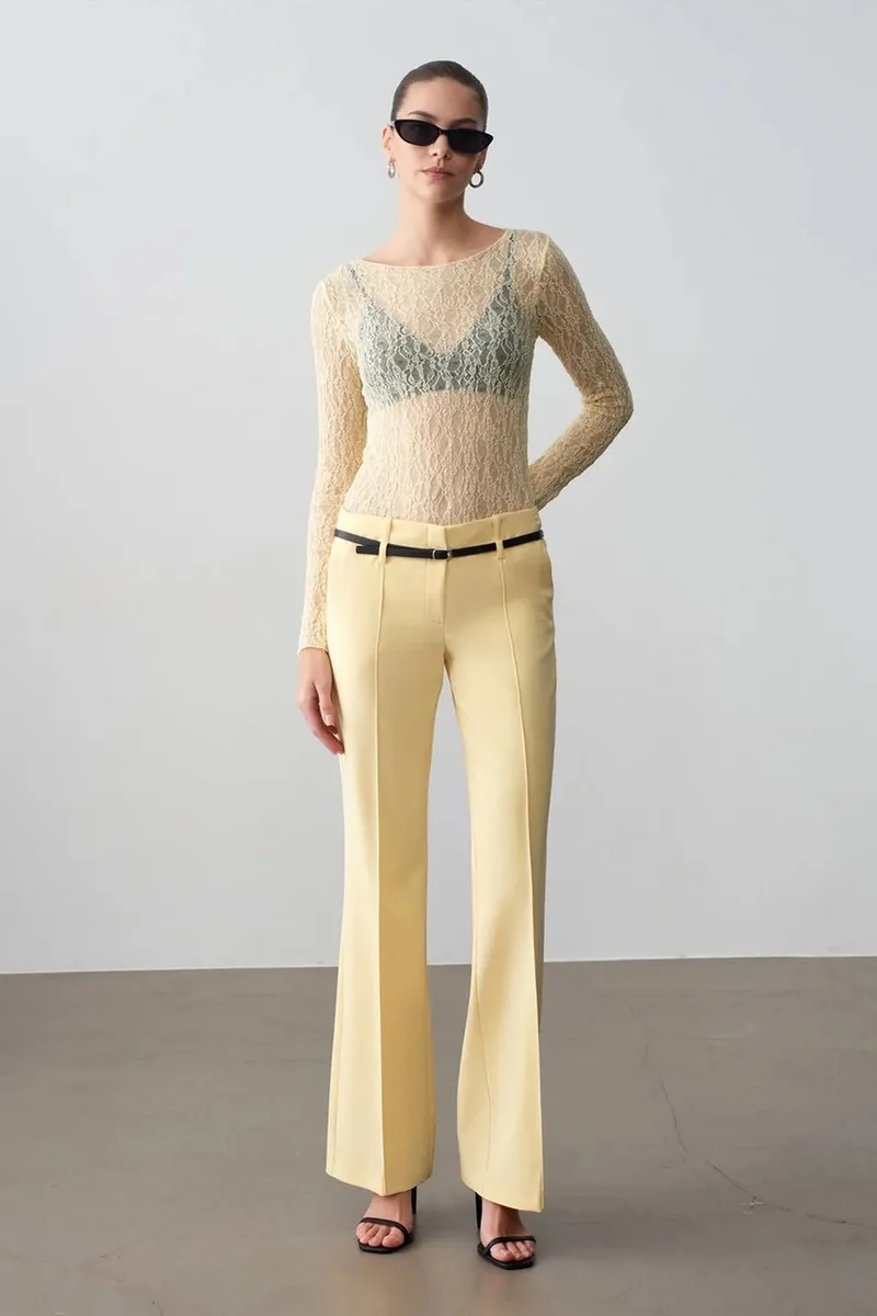 Dilvin Beige Natural DILVIN Slim Fit Lace Boat Neck Blouse for Women | Best Price UAE