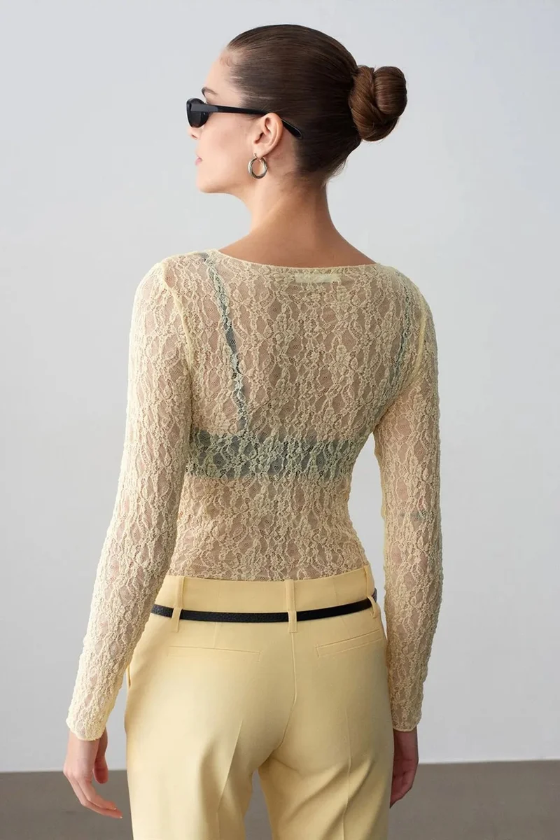 Dilvin Beige Natural DILVIN Slim Fit Lace Boat Neck Blouse for Women | Best Price UAE