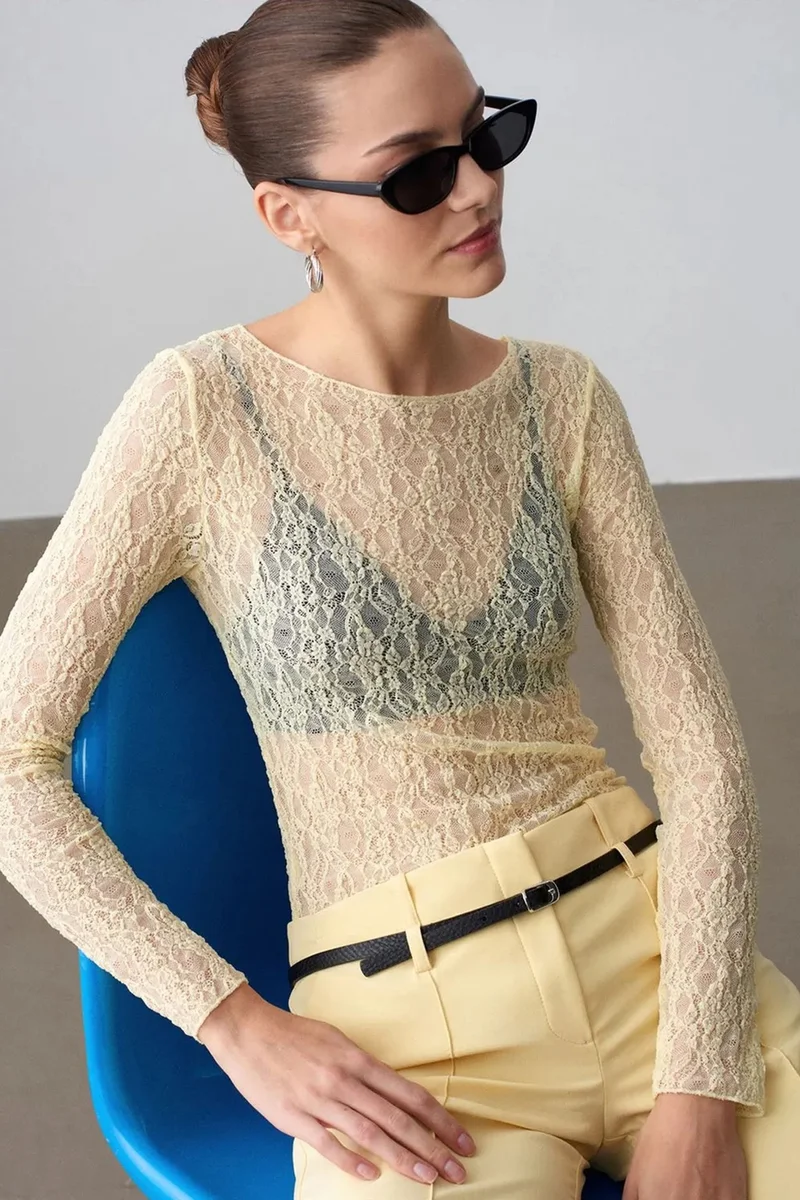 Dilvin Beige Natural DILVIN Slim Fit Lace Boat Neck Blouse for Women | Best Price UAE