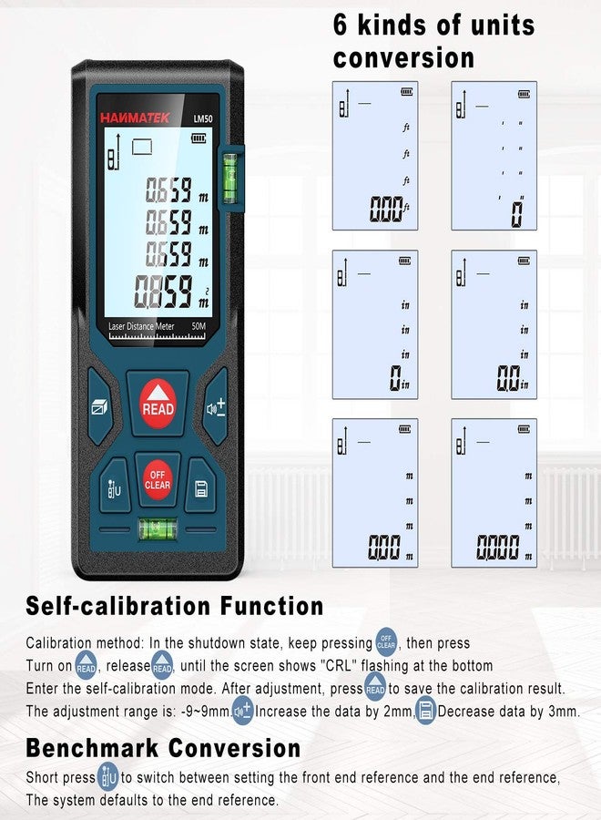 HANMATEK 165ft/50m Laser Measure Ft/in/M Switching LM50 Laser Measurement Tool Devices with 2 Bubble Levels Distance Meter,Large Backlit LCD - Image 3