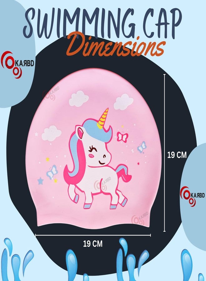 KARBD قبعة سباحة سيليكون من كاربد، للجنسين، مقاومة للماء، مناسبة لرياضات الماء للأطفال من جميع الأعمار (مقاس موحد، تصميم داخلي مانع للانزلاق، تصميم كرتوني، لون وردي ناعم للغاية، وحيد القرن واقف). - Image 3