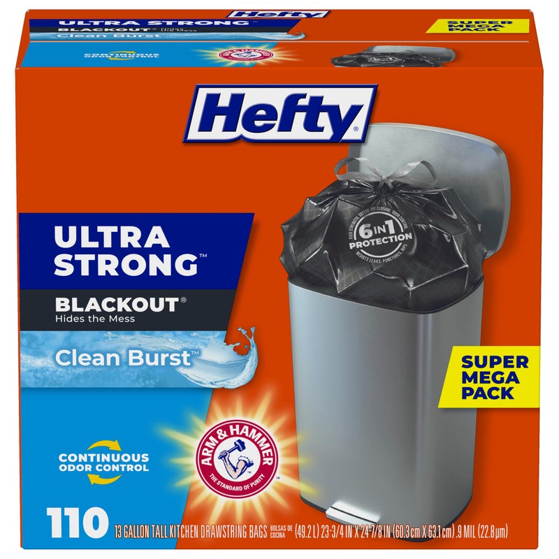 Hefty Ultra Strong Trash Bags, Black Tall Kitchen Trash Bags 13 Gallon Size, Break Resistant Drawstring Enclosure, Continuous Odor Control, Blackout, Clean Burst Scent, 110 Bags - Image 1