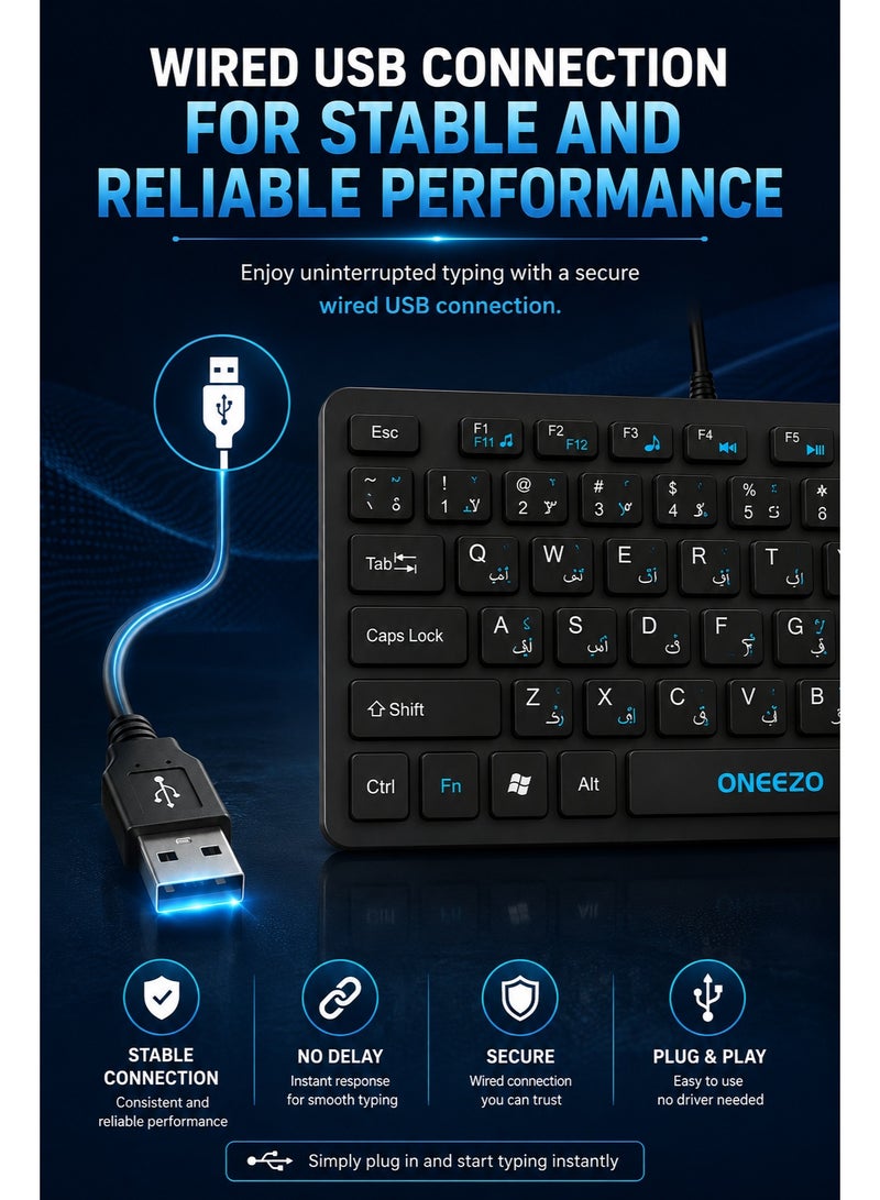 أونيزو لوحة مفاتيح صغيرة USB | لوحة مفاتيح سلكية مدمجة باللغتين الإنجليزية والعربية مع مفاتيح وظائف الوسائط المتعددة - Image 4