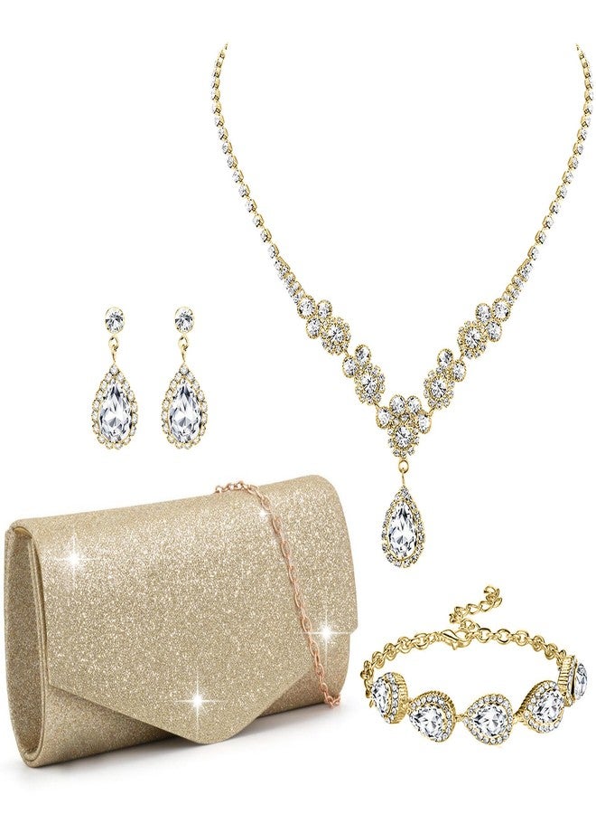 FEYIR Clutch Purse Jewelry Set for Women Evening Bags Silver Gold Rhinestone Crystal Necklace Earrings Bracelet Set Formal Wedding Bridal Accessories Jewelry for Prom - Image 1
