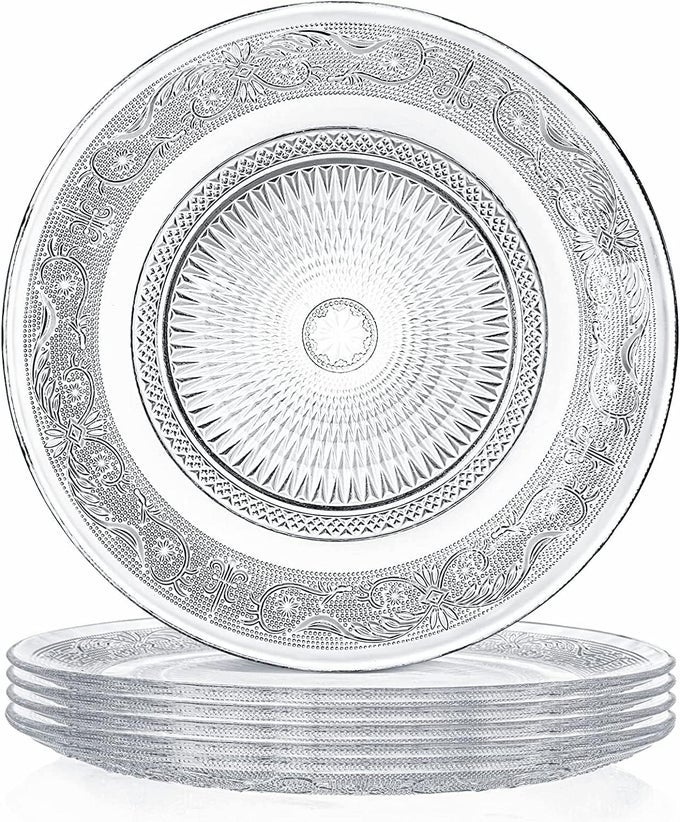 GLASS DINNER PLATE SALAD FRUIT PASTA SNACKS TRAY CRYSTAL DECORATION VINTAGE EMBOSSED DINNERWARE FOR CATERING EVENT PARTIES HOME BDAY WEDDING SET OF 6 TRANSPARENT