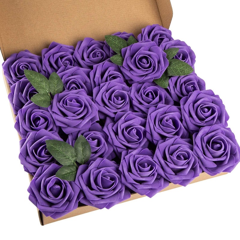 Exoment 25pcs Artificial Flower Foam Rose Real Touch Roses Flower Heads with Stem for DIY Wedding Bouquets Centerpieces Arrangements Party Baby Shower Home Decor (Deep Purple) - Image 1