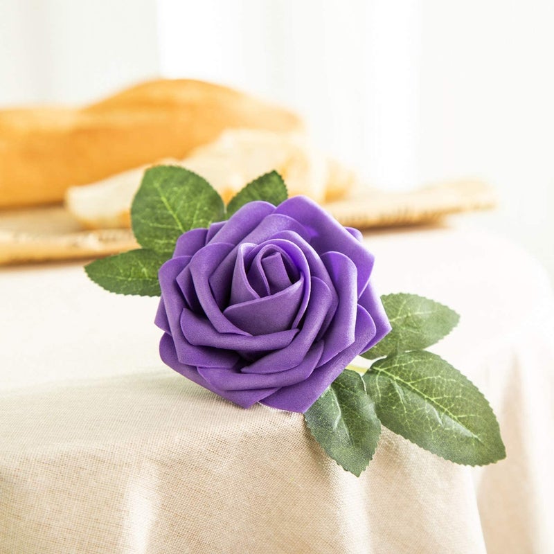 Exoment 25pcs Artificial Flower Foam Rose Real Touch Roses Flower Heads with Stem for DIY Wedding Bouquets Centerpieces Arrangements Party Baby Shower Home Decor (Deep Purple) - Image 4