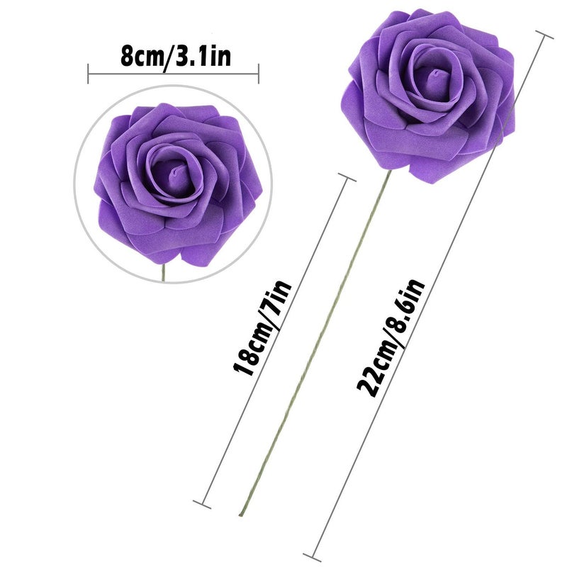 Exoment 25pcs Artificial Flower Foam Rose Real Touch Roses Flower Heads with Stem for DIY Wedding Bouquets Centerpieces Arrangements Party Baby Shower Home Decor (Deep Purple) - Image 2