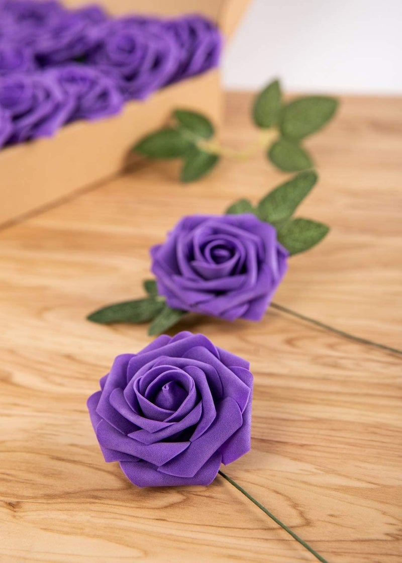 Exoment 25pcs Artificial Flower Foam Rose Real Touch Roses Flower Heads with Stem for DIY Wedding Bouquets Centerpieces Arrangements Party Baby Shower Home Decor (Deep Purple) - Image 3