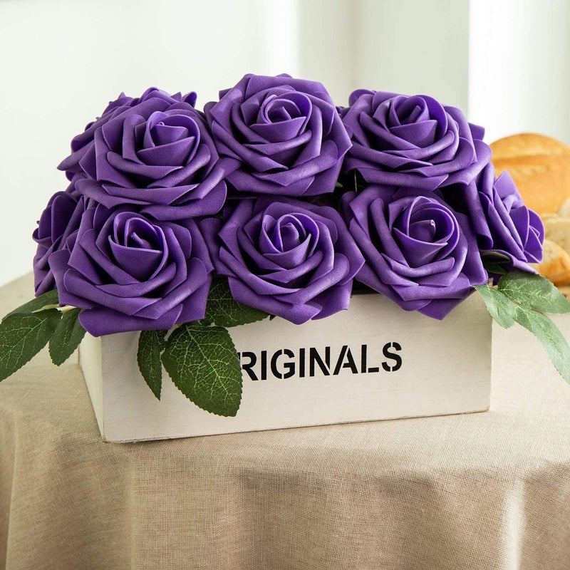 Exoment 25pcs Artificial Flower Foam Rose Real Touch Roses Flower Heads with Stem for DIY Wedding Bouquets Centerpieces Arrangements Party Baby Shower Home Decor (Deep Purple) - Image 5