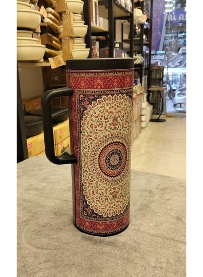 Decorative Carafe with Persian Carpet Pattern, Double-Wall Coffee and Tea Flask, 1L Capacity, Hot and Cold Beverage Storage, Black and Red. - Image 2