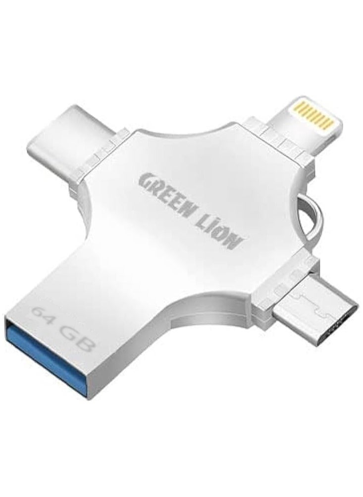 GREEN LION Green Lion 4 in 1 USB Flash Drive 64GB, USB A / USB C / Micro / Lightning Ports - Silver  - Image 1