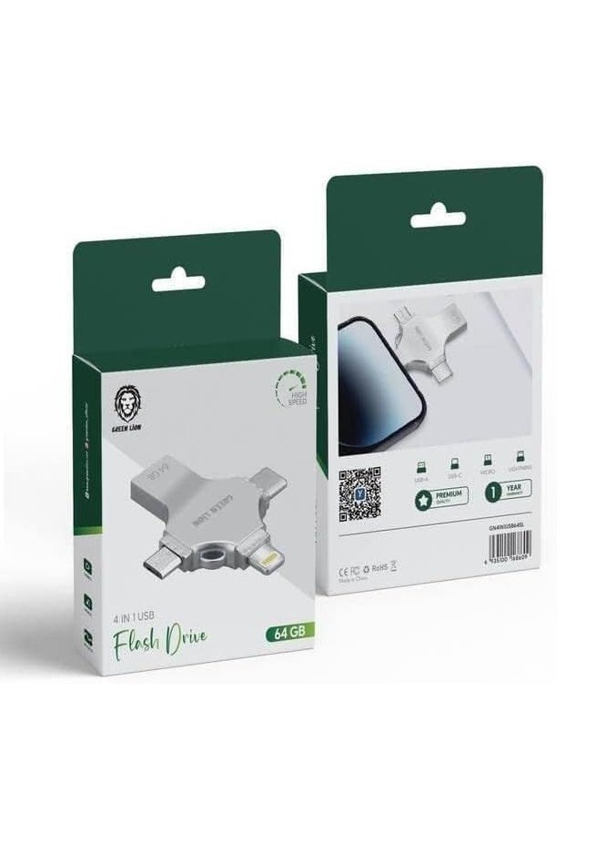 GREEN LION Green Lion 4 in 1 USB Flash Drive 64GB, USB A / USB C / Micro / Lightning Ports - Silver  - Image 2