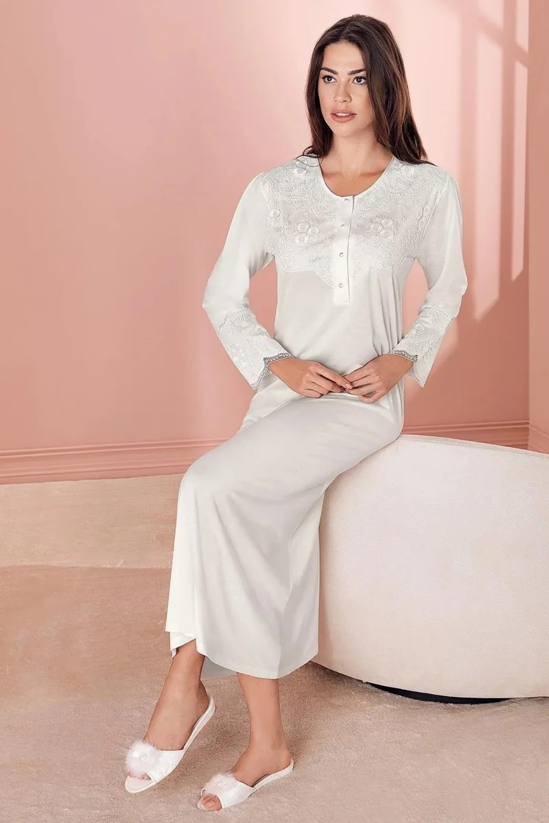 Espuar Mother Nightgown, Long Nightgown, Lace Detailed Collar and Sleeves, Buttoned Collar