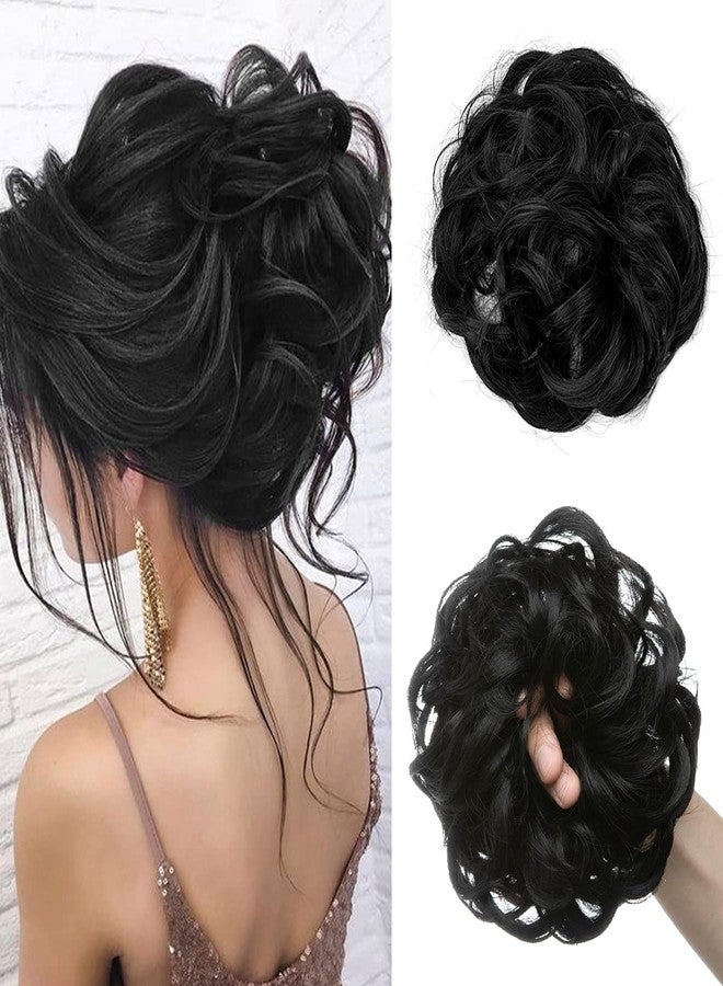 Sankrityayan Large Messy Bun Hair Piece Wavy Curly & Jet Black Scrunchies Synthetic Chignon Ponytail Hair Extensions Thick Updo Hairpieces Ideal for Women - Image 1