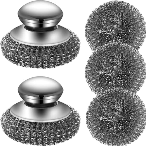 AFunCrafter Steel Wool Scrubber with 2 Handles & 3 Replacement Wire Sponge(Scouring Pads) - Stainless Metal Cleaner Heavy Duty Brush for Pots, Pans, Cast Iron, Grill, Sink, Dishes, Stove, Kitchen Deep Clean - Image 1