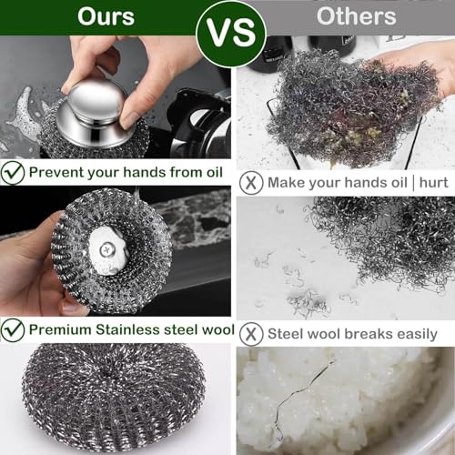 AFunCrafter Steel Wool Scrubber with 2 Handles & 3 Replacement Wire Sponge(Scouring Pads) - Stainless Metal Cleaner Heavy Duty Brush for Pots, Pans, Cast Iron, Grill, Sink, Dishes, Stove, Kitchen Deep Clean - Image 3