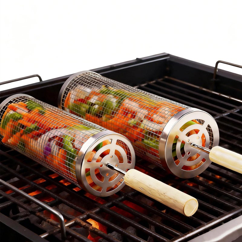 Bmavysa Rolling Grill Basket 2-Pack, Premium 304 Stainless Steel, Removable Wooden Handles, Upgrade Rolling Grill Baskets for Outdoor Grill, BBQ Grill Accessories for Camping/Backyard Cooking, Ideal Gift for Dad/Husband - Image 1