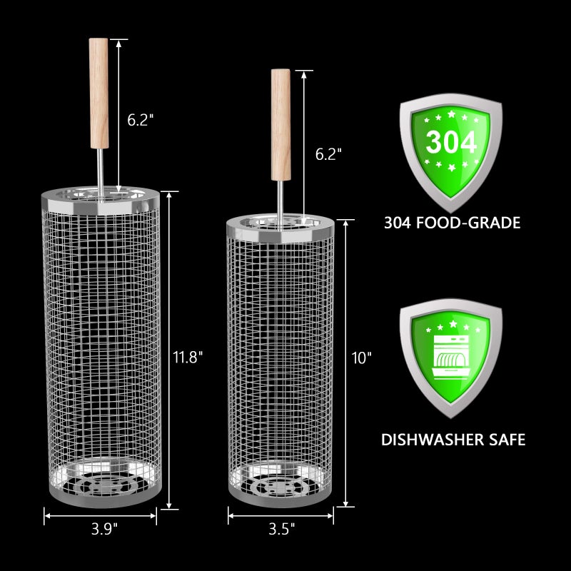 Bmavysa Rolling Grill Basket 2-Pack, Premium 304 Stainless Steel, Removable Wooden Handles, Upgrade Rolling Grill Baskets for Outdoor Grill, BBQ Grill Accessories for Camping/Backyard Cooking, Ideal Gift for Dad/Husband - Image 2