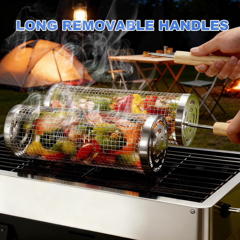 Bmavysa Rolling Grill Basket 2-Pack, Premium 304 Stainless Steel, Removable Wooden Handles, Upgrade Rolling Grill Baskets for Outdoor Grill, BBQ Grill Accessories for Camping/Backyard Cooking, Ideal Gift for Dad/Husband - Image 5