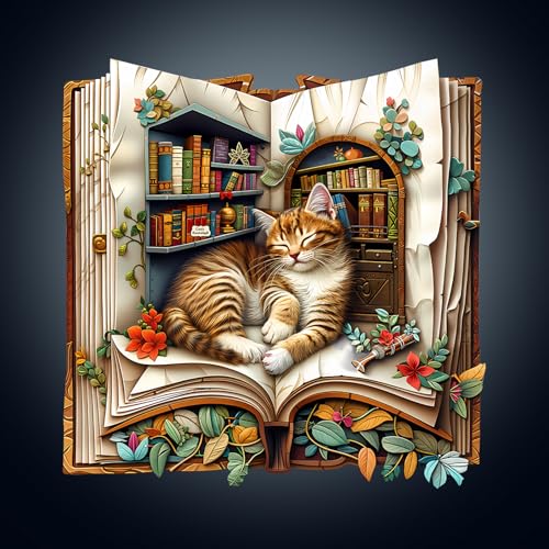 WOODBESTS Wooden Puzzles for Adults Cat in The Book Wood Puzzles Adult270 Pieces L 126 124in Unique Shape Wooden Animal Jigsaw Puzzles Birthday Gifts for Adults Family Game - Image 1