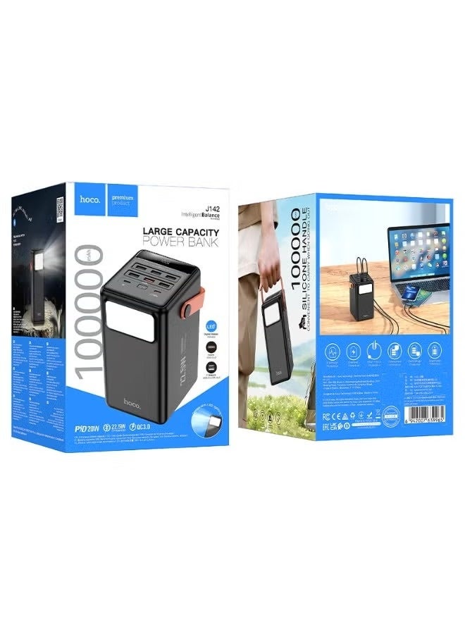 hoco. Equipped with an incredible 100,000mAh battery capacity, the Hoco J142 ensures long-lasting power for smartphones, tablets, cameras, and laptops, making it perfect for travel, camping, and outdoor adventures. It features multiple USB output ports for simultaneous charging and includes advanced PD 20W and QC 3.0 fast-charging support to deliver efficient and quick energy to your devices. - Image 3