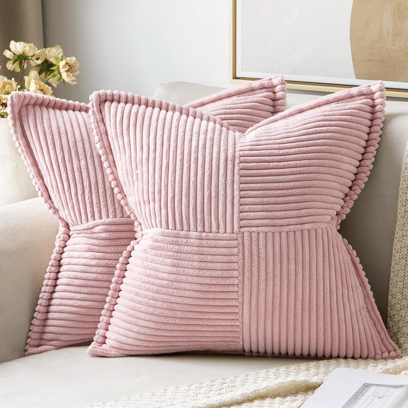 MIULEE Pink Corduroy Pillow Covers 20x20 Inch with Splicing Set of 2 Soft Boho Striped Pillow Covers Broadside Decorative Textured Pillowcases for Couch Cushion Bed Livingroom