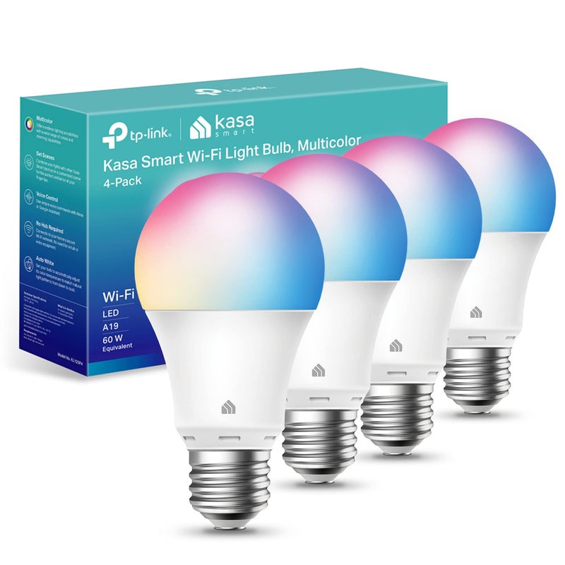 Kasa Smart Light Bulbs, Full Color Changing Dimmable Smart WiFi Bulbs Compatible with Alexa and Google Home, A19, 9W 800 Lumens,2.4Ghz only, No Hub Required, 4 Count (Pack of 1), Multicolor (KL125P4) - Image 1