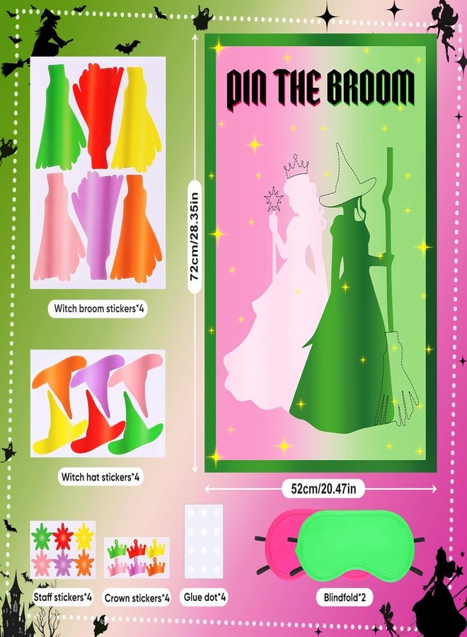 HOMIEE Witch Party Decorations Pin The Broom Pink and Green Party Favors for Halloween Birthday Wall Supplies with 96 Reusable Stickers - Image 4