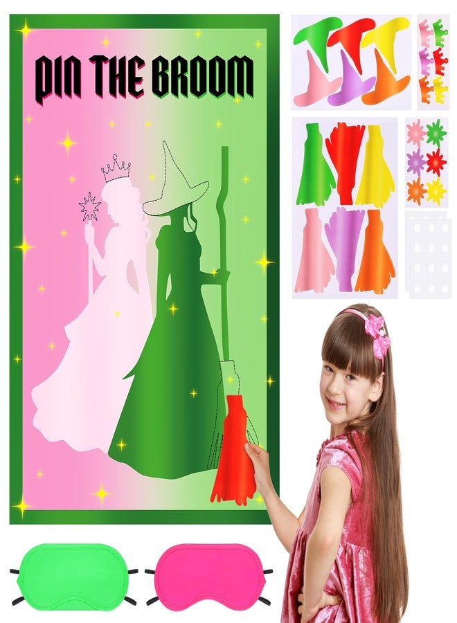 HOMIEE Witch Party Decorations Pin The Broom Pink and Green Party Favors for Halloween Birthday Wall Supplies with 96 Reusable Stickers - Image 1