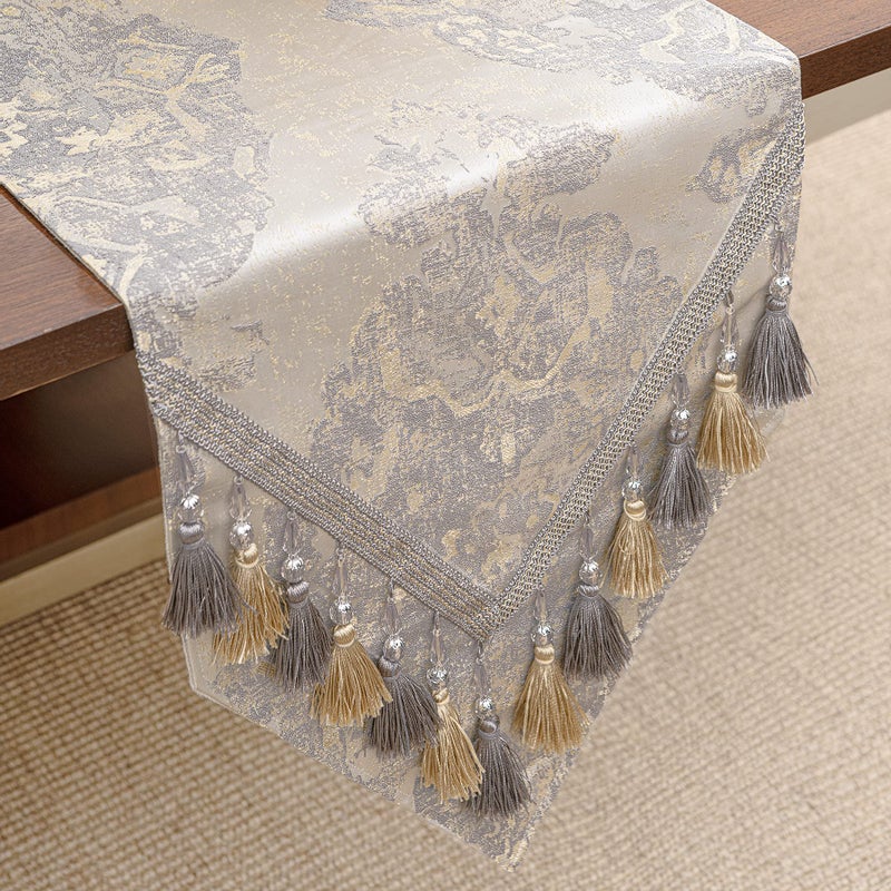 Loom and Mill Loom and Mill Luxury Table Runner 108 inches Long  Elegant Damask Jacquard Table Runners with Handmade Multi-Tassels for Dining Room Dresser Party Holiday Banquet Decoration(Beige 13x108 inch) 