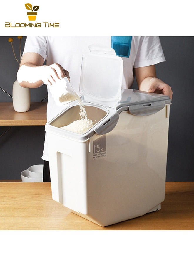 BLOOMING TIME Kitchen Household Rice Bucket 15kg, Plastic Rice Storage Box Sealed Rice Cylinder, Insect-proof and Moisture-proof Thickened Flour Bucket, Kitchen Plastic Thickened 15kg Rice Cylinder, Flour and Grain Storage Boxes - Image 1