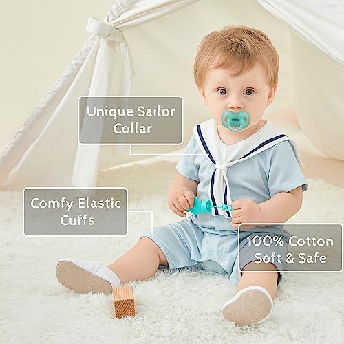 PureBorn بدلة رومبر قصيرة الأكمام للأطفال الرضع من بيوربورن، بدلة شاطئية قطعة واحدة، 6-9 أشهر، زرقاء - Image 2