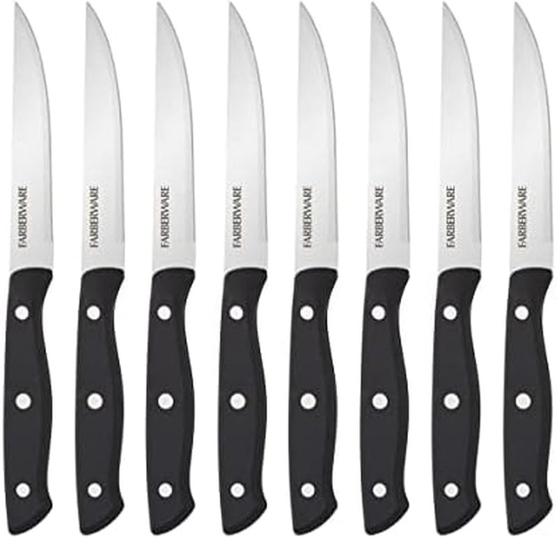 Farberware Full-Tang Triple-Riveted 8-Piece Steak Knife Set, High-Carbon Stainless Steel, Razor-Sharp Knives with Ergonomic Handle, Kitchen Knives, Set of 8, Black - Image 1