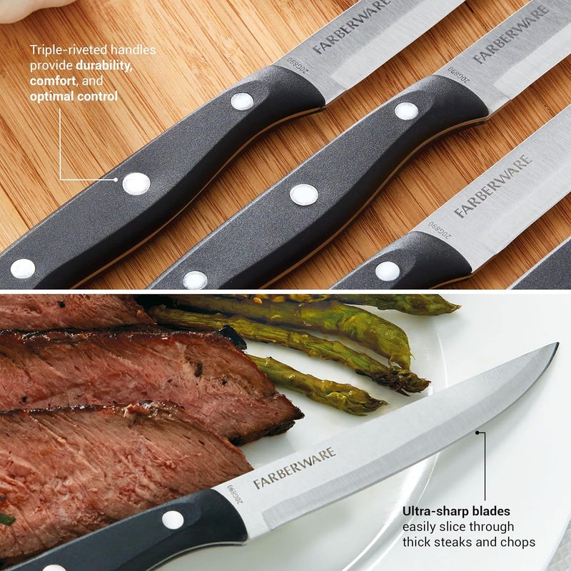 Farberware Full-Tang Triple-Riveted 8-Piece Steak Knife Set, High-Carbon Stainless Steel, Razor-Sharp Knives with Ergonomic Handle, Kitchen Knives, Set of 8, Black - Image 4