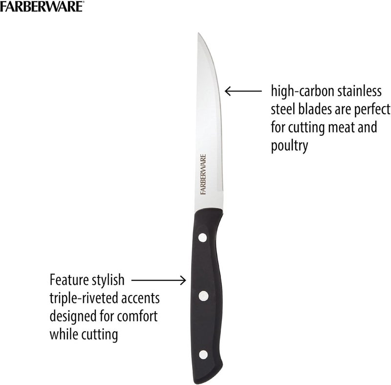 Farberware Full-Tang Triple-Riveted 8-Piece Steak Knife Set, High-Carbon Stainless Steel, Razor-Sharp Knives with Ergonomic Handle, Kitchen Knives, Set of 8, Black - Image 3