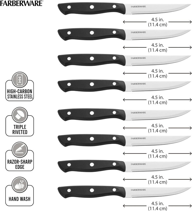 Farberware Full-Tang Triple-Riveted 8-Piece Steak Knife Set, High-Carbon Stainless Steel, Razor-Sharp Knives with Ergonomic Handle, Kitchen Knives, Set of 8, Black - Image 2