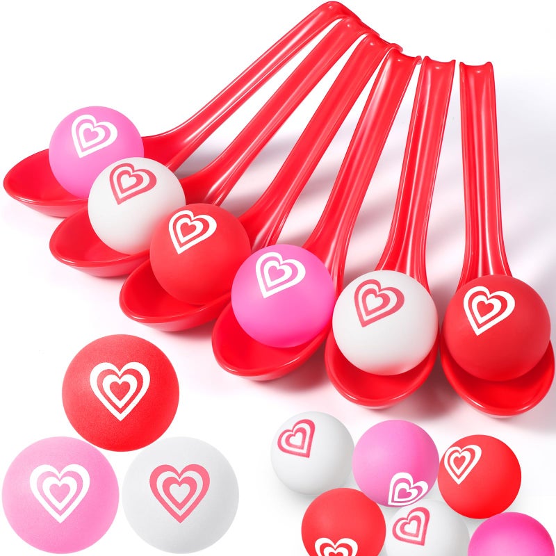 PullCrease 24 Pack Valentine's Day Spoon Relay Race Toy Set , Heart Ball and Spoon Race Game for Indoor Outdoor Office Party Supplies Favors(Red,Heart) - Image 1