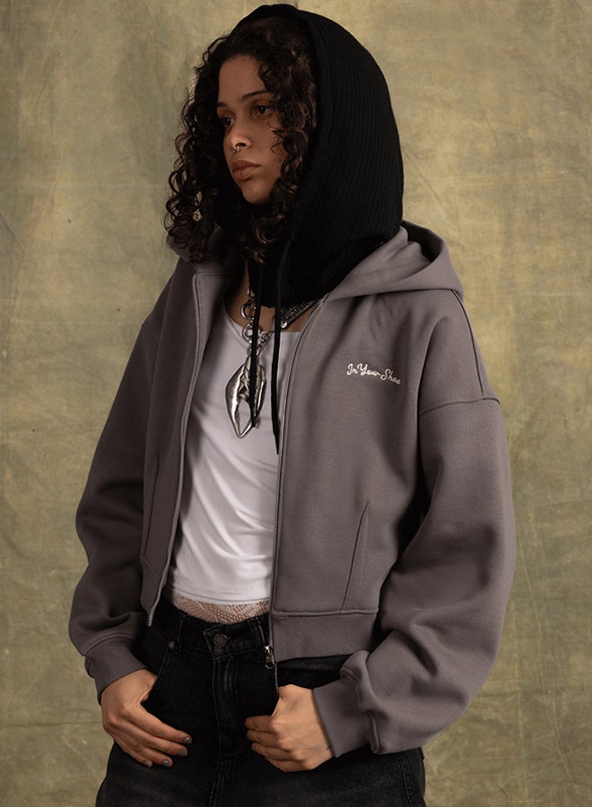 In Your Shoe Grey Cropped Oversized Zip-Up Hoodie