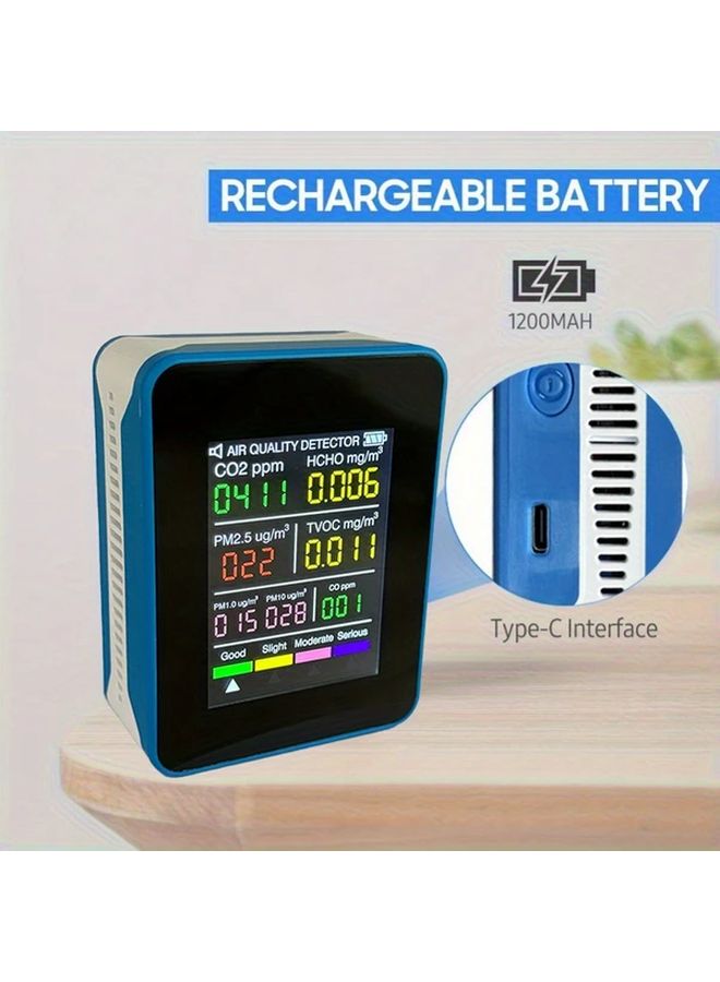 Blue 8 In 1 Air Quality Monitor PM2 5 PM10 HCHO TVOC AQI CO2 Rechargeable LCD Display - Image 2