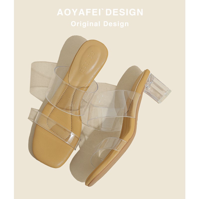 Genuine Leather ~ Transparent Crystal High-Heeled Sandals For Women With A Poop-Feeling Feel, Summer Style Square-Toe High-Heeled Shoes - Image 1