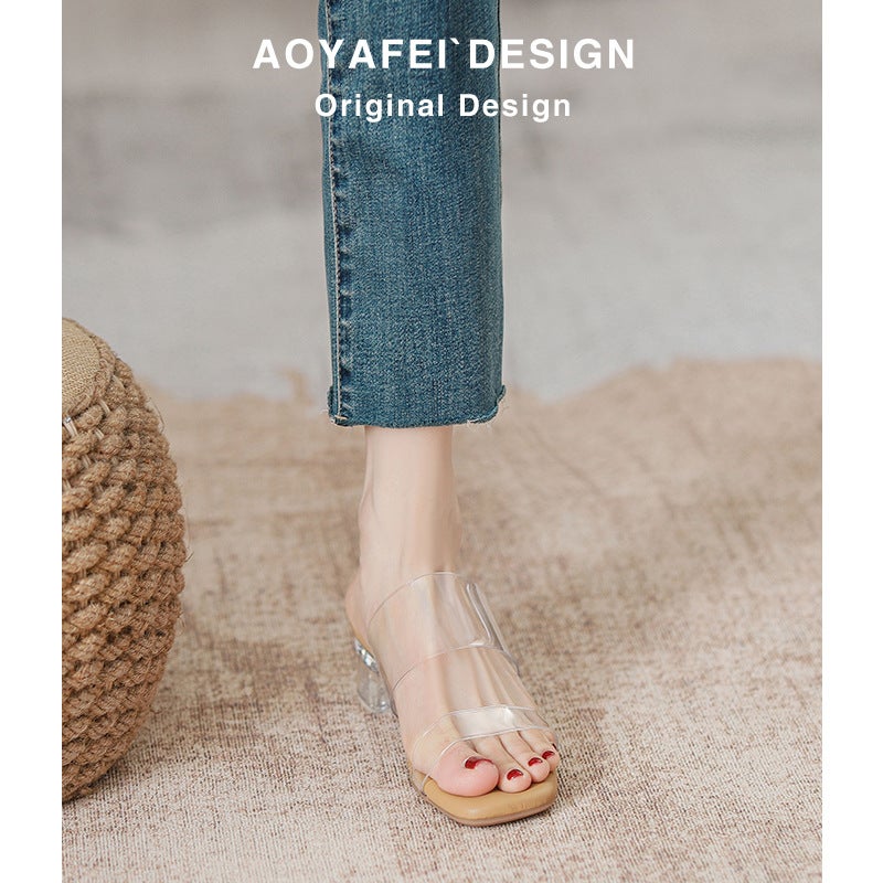 Genuine Leather ~ Transparent Crystal High-Heeled Sandals For Women With A Poop-Feeling Feel, Summer Style Square-Toe High-Heeled Shoes - Image 4