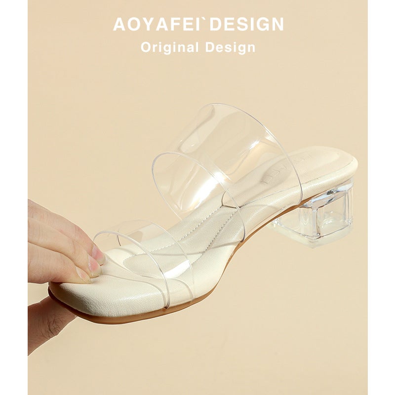 Genuine Leather ~ Transparent Crystal High-Heeled Sandals For Women With A Poop-Feeling Feel, Summer Style Square-Toe High-Heeled Shoes - Image 3