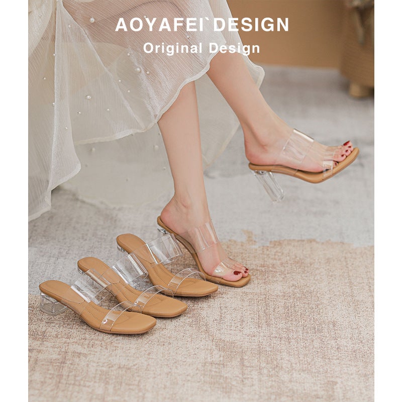 Genuine Leather ~ Transparent Crystal High-Heeled Sandals For Women With A Poop-Feeling Feel, Summer Style Square-Toe High-Heeled Shoes - Image 5