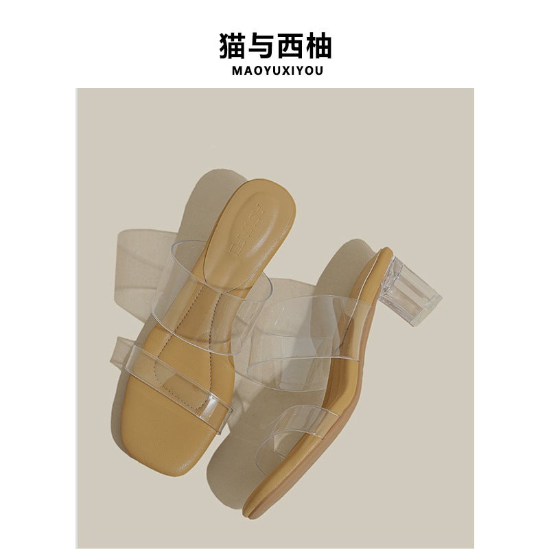 Genuine Leather ~ Transparent Crystal High-Heeled Sandals For Women With A Poop-Feeling Feel, Summer Style Square-Toe High-Heeled Shoes - Image 2