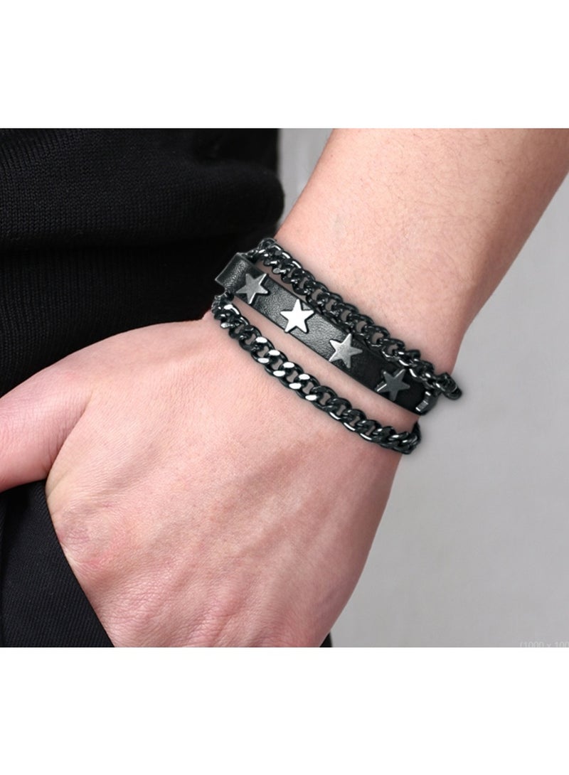 لاتين سوار رجالي فاخر من الجلد الصناعي متعدد الطبقات من الفولاذ المقاوم للصدأ مع روابط إضافية، هدية للرجال، مجوهرات، إكسسوارات يدوية - Image 1