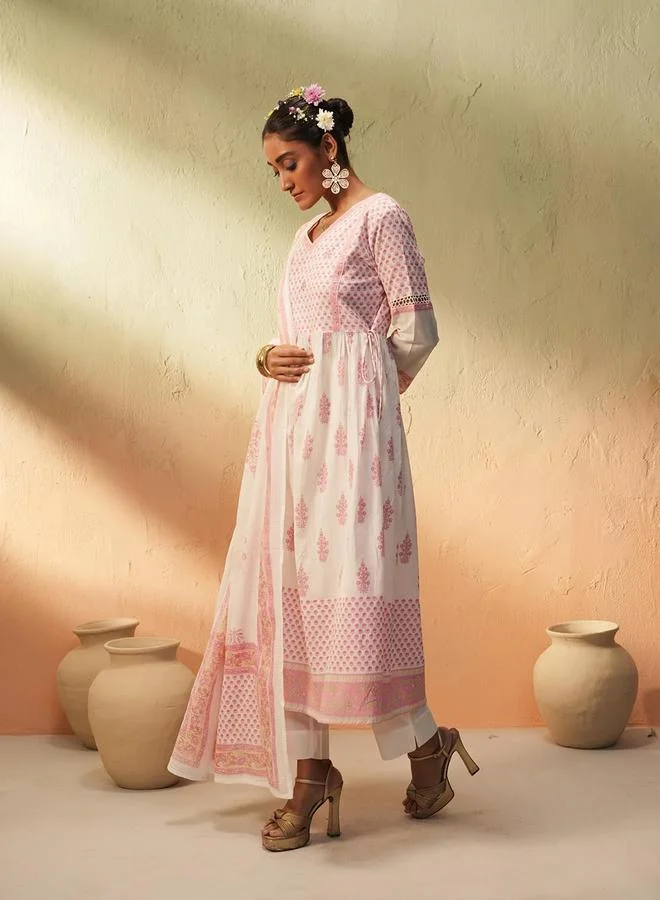ISHIN Women's White 100% Cotton Printed Tunic Top With Ankle Palazzo Flared 3 Peice Kurta Set